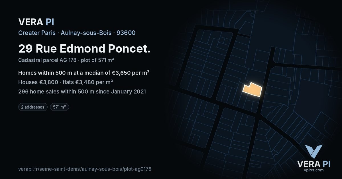 29 Rue Edmond Poncet, Aulnay-sous-Bois at night – the plot lit, the parcels around coloured by the prices near them