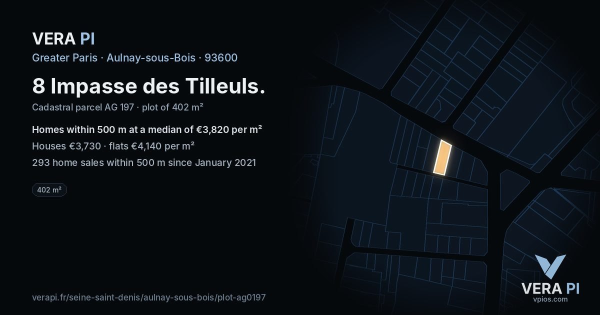 8 Impasse des Tilleuls, Aulnay-sous-Bois at night – the plot lit, the parcels around coloured by the prices near them