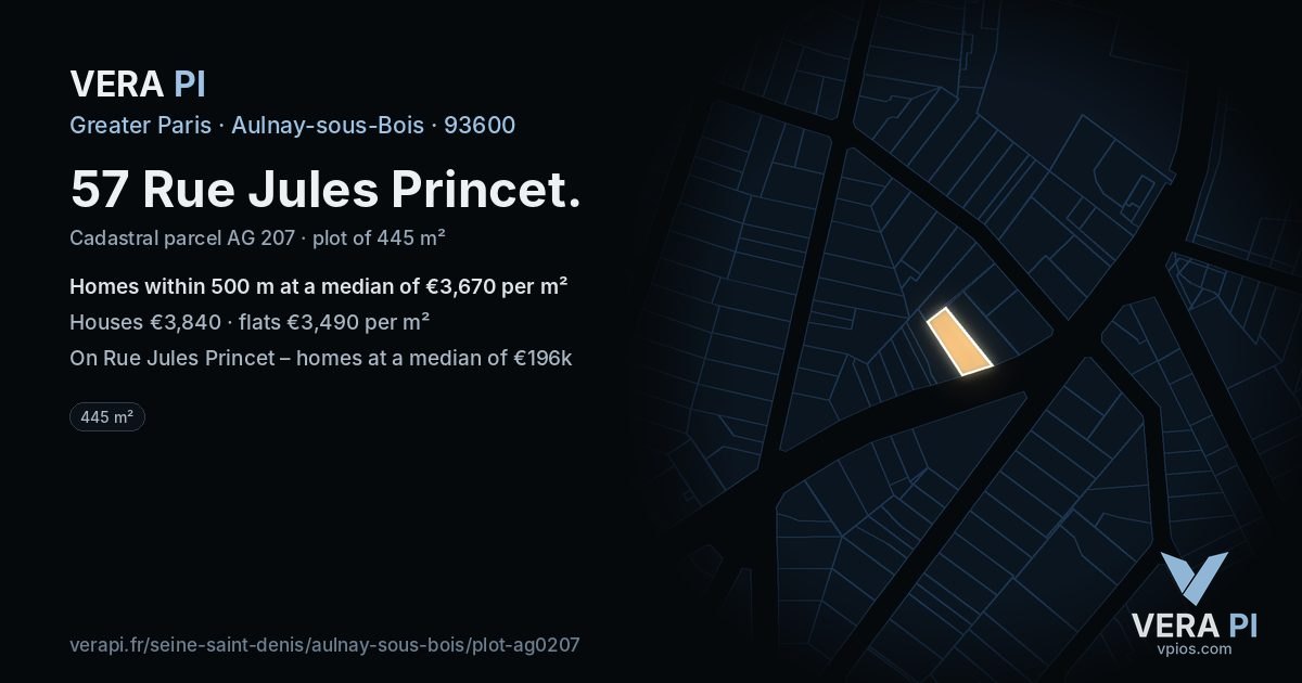 57 Rue Jules Princet, Aulnay-sous-Bois at night – the plot lit, the parcels around coloured by the prices near them