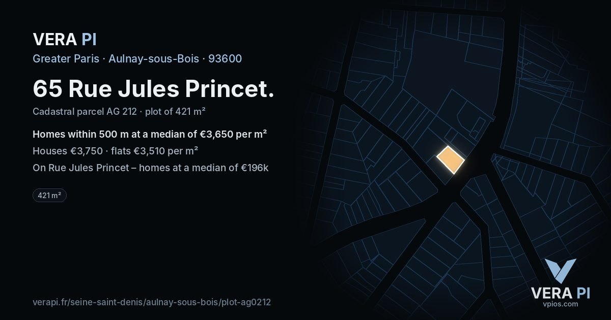 65 Rue Jules Princet, Aulnay-sous-Bois at night – the plot lit, the parcels around coloured by the prices near them