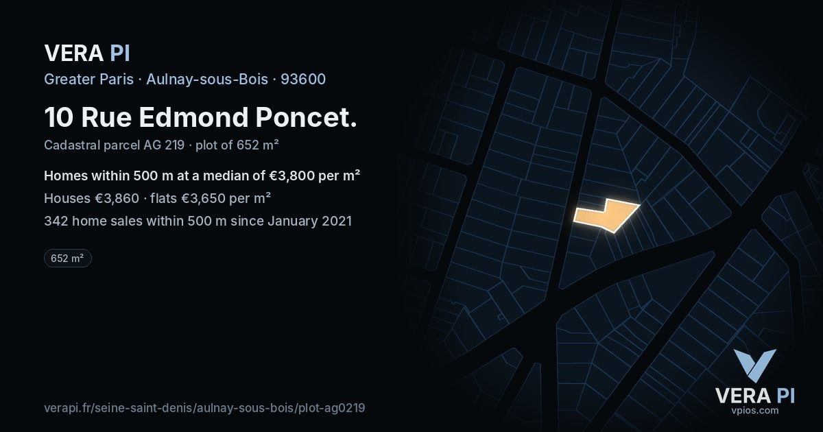 10 Rue Edmond Poncet, Aulnay-sous-Bois at night – the plot lit, the parcels around coloured by the prices near them