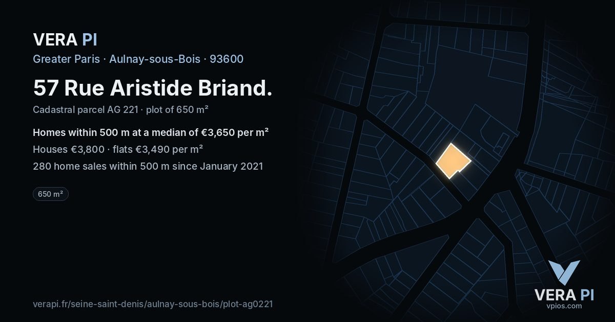 57 Rue Aristide Briand, Aulnay-sous-Bois at night – the plot lit, the parcels around coloured by the prices near them