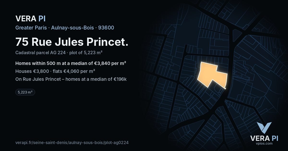 75 Rue Jules Princet, Aulnay-sous-Bois at night – the plot lit, the parcels around coloured by the prices near them
