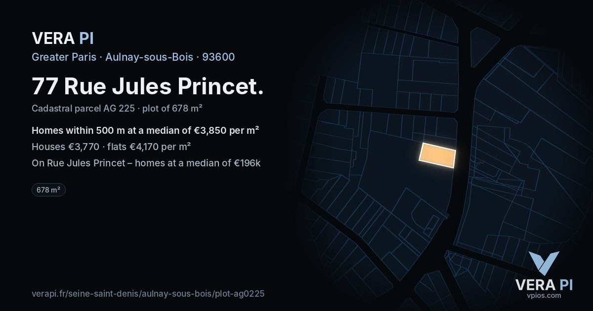 77 Rue Jules Princet, Aulnay-sous-Bois at night – the plot lit, the parcels around coloured by the prices near them