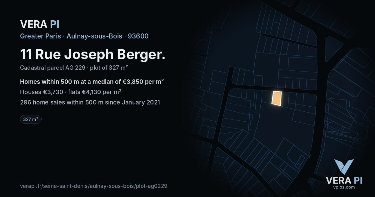 11 Rue Joseph Berger, Aulnay-sous-Bois at night – the plot lit, the parcels around coloured by the prices near them