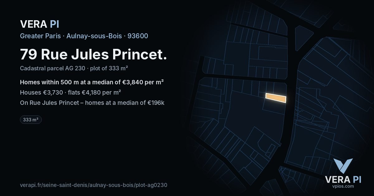 79 Rue Jules Princet, Aulnay-sous-Bois at night – the plot lit, the parcels around coloured by the prices near them