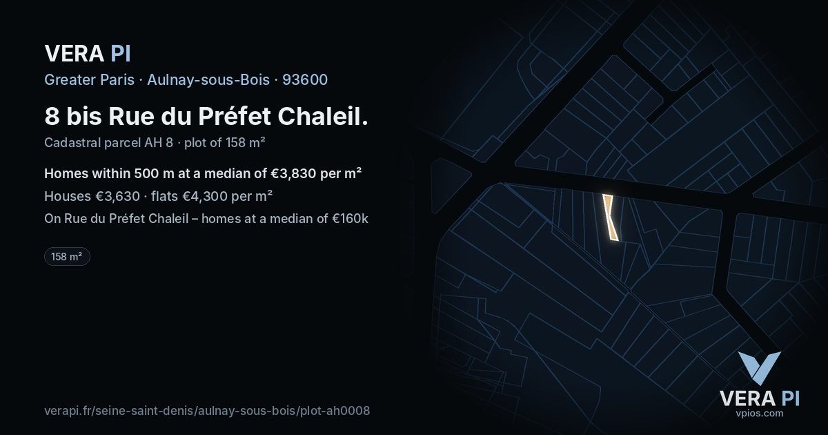 8 bis Rue du Préfet Chaleil, Aulnay-sous-Bois at night – the plot lit, the parcels around coloured by the prices near them