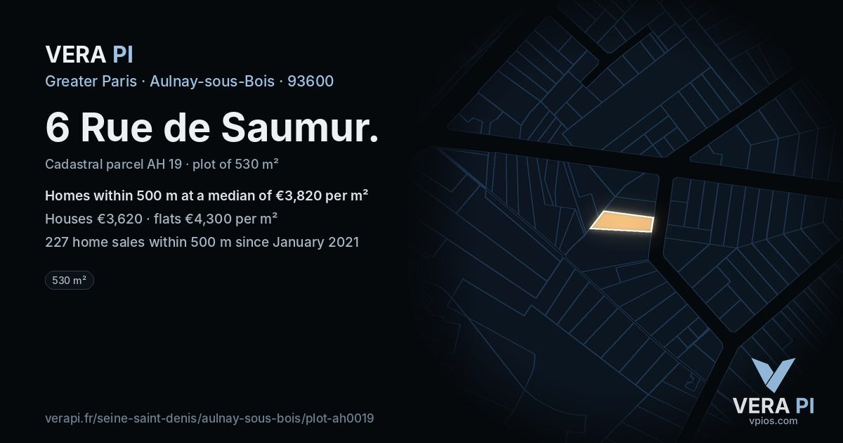 6 Rue de Saumur, Aulnay-sous-Bois at night – the plot lit, the parcels around coloured by the prices near them