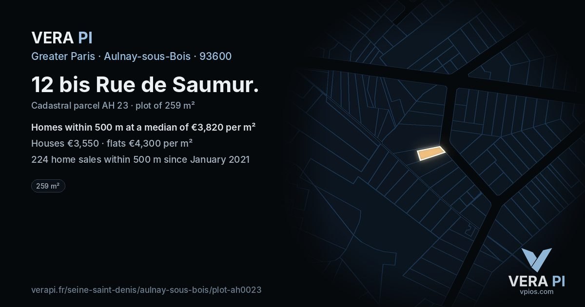 12 bis Rue de Saumur, Aulnay-sous-Bois at night – the plot lit, the parcels around coloured by the prices near them