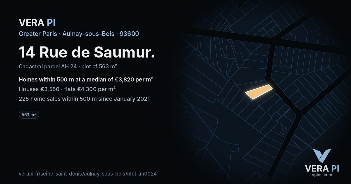 14 Rue de Saumur, Aulnay-sous-Bois at night – the plot lit, the parcels around coloured by the prices near them