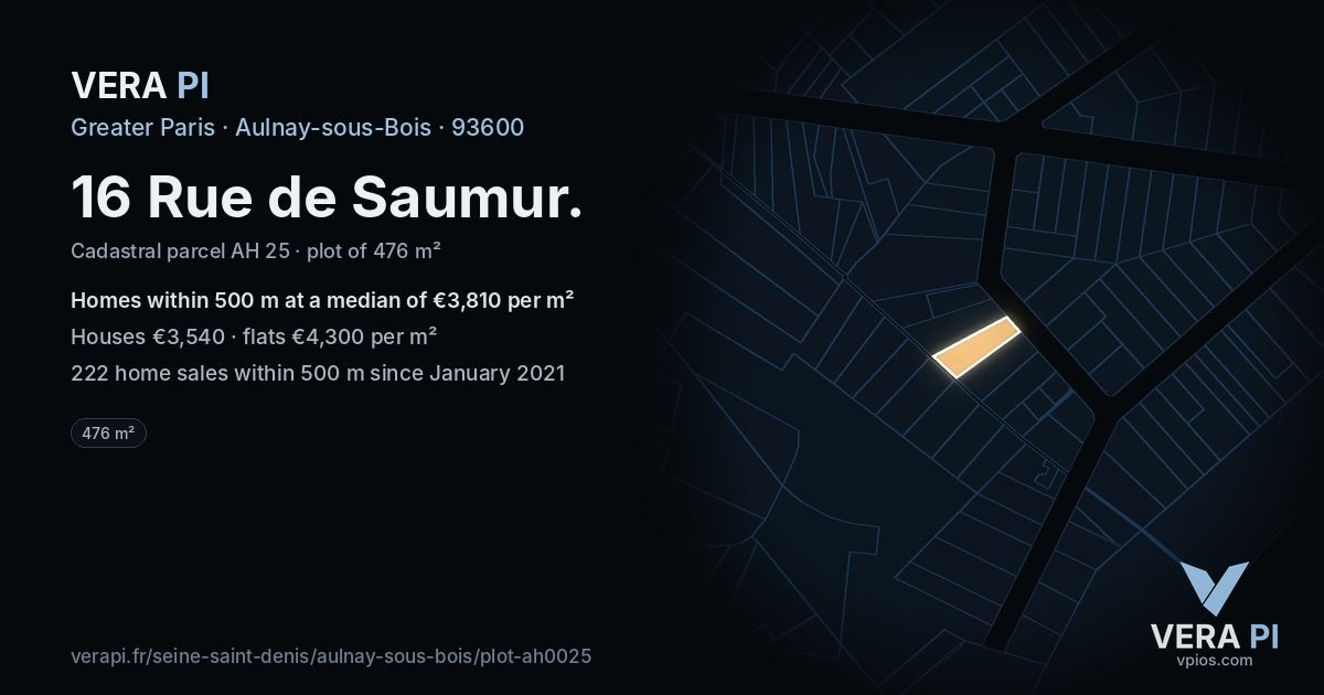 16 Rue de Saumur, Aulnay-sous-Bois at night – the plot lit, the parcels around coloured by the prices near them