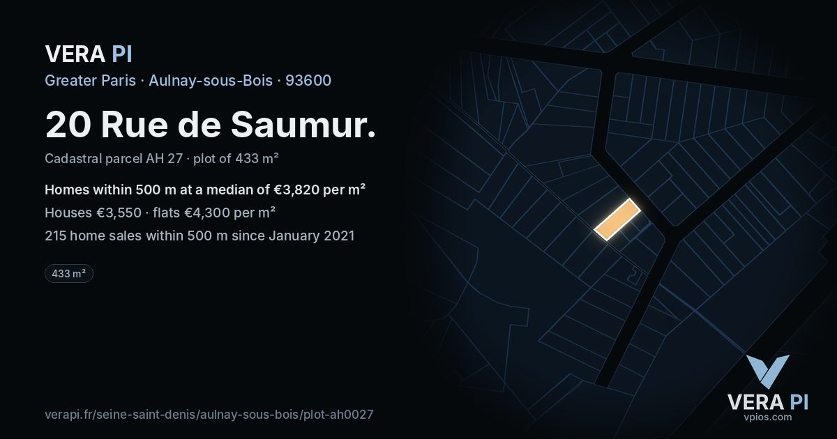 20 Rue de Saumur, Aulnay-sous-Bois at night – the plot lit, the parcels around coloured by the prices near them