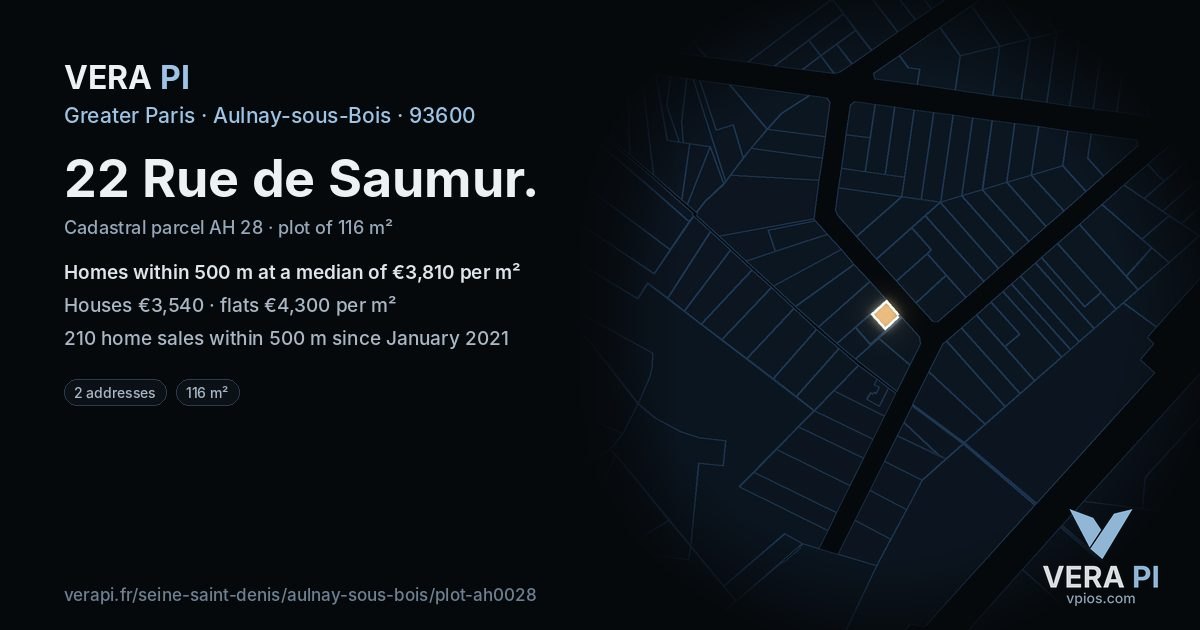 22 Rue de Saumur, Aulnay-sous-Bois at night – the plot lit, the parcels around coloured by the prices near them