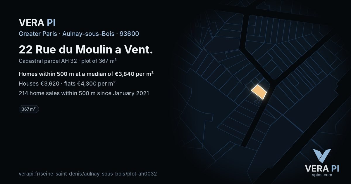 22 Rue du Moulin a Vent, Aulnay-sous-Bois at night – the plot lit, the parcels around coloured by the prices near them