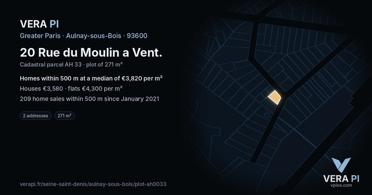 20 Rue du Moulin a Vent, Aulnay-sous-Bois at night – the plot lit, the parcels around coloured by the prices near them