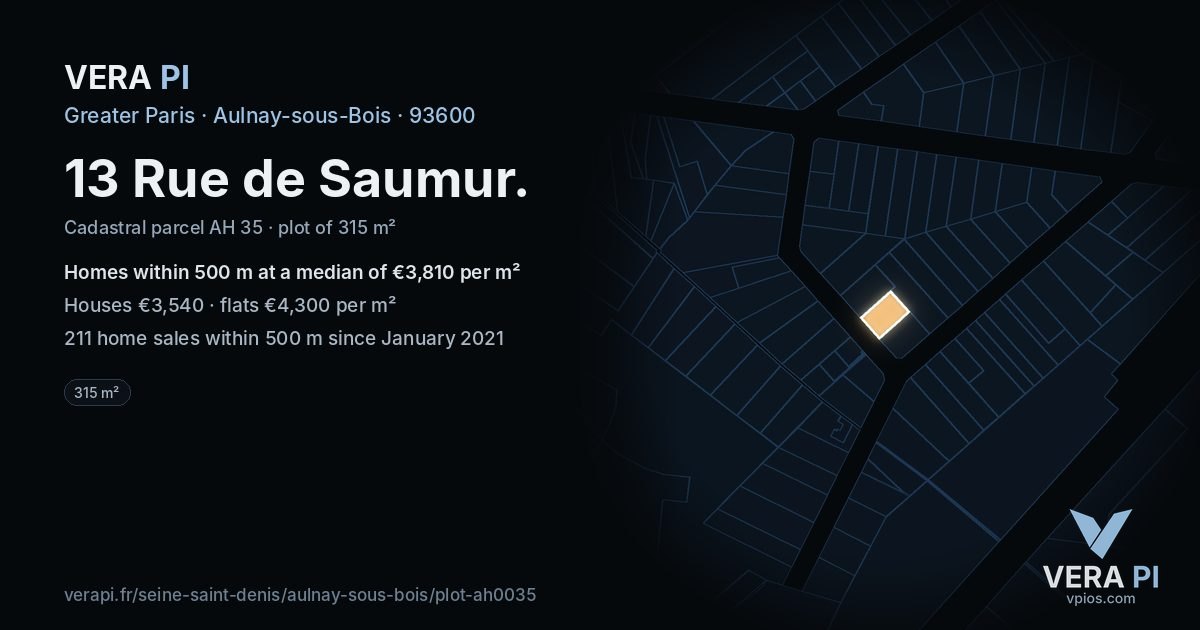 13 Rue de Saumur, Aulnay-sous-Bois at night – the plot lit, the parcels around coloured by the prices near them