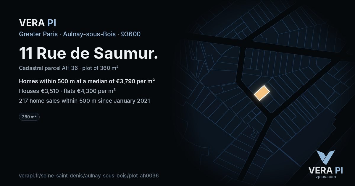 11 Rue de Saumur, Aulnay-sous-Bois at night – the plot lit, the parcels around coloured by the prices near them