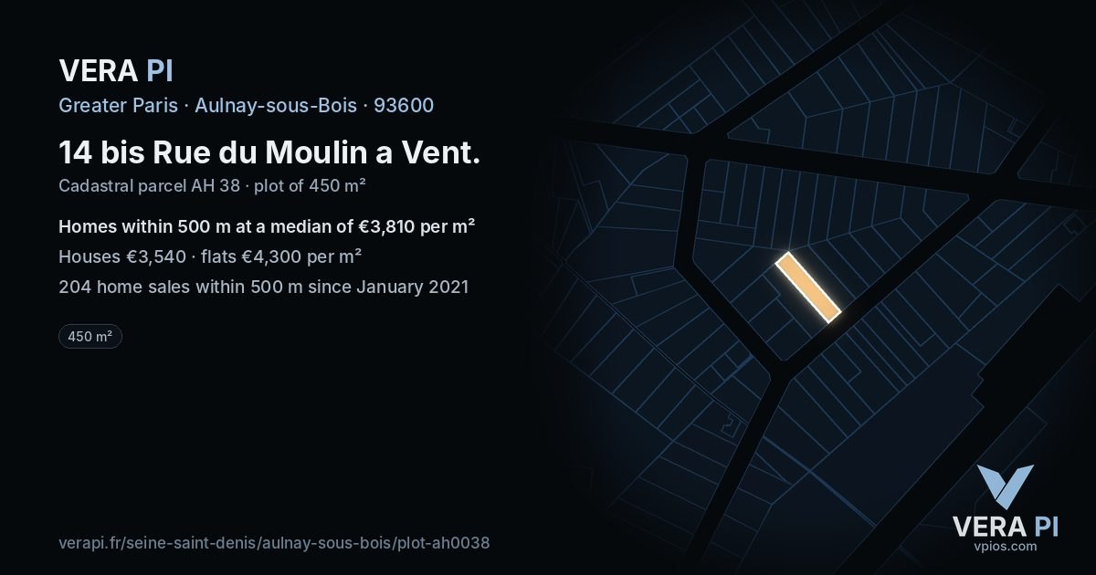14 bis Rue du Moulin a Vent, Aulnay-sous-Bois at night – the plot lit, the parcels around coloured by the prices near them
