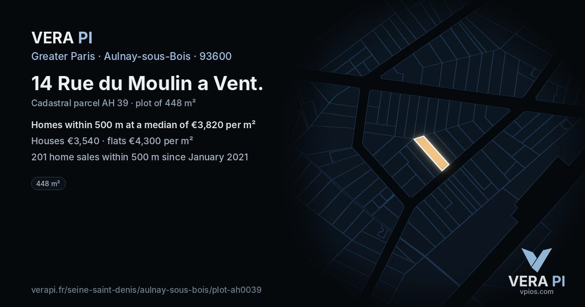 14 Rue du Moulin a Vent, Aulnay-sous-Bois at night – the plot lit, the parcels around coloured by the prices near them