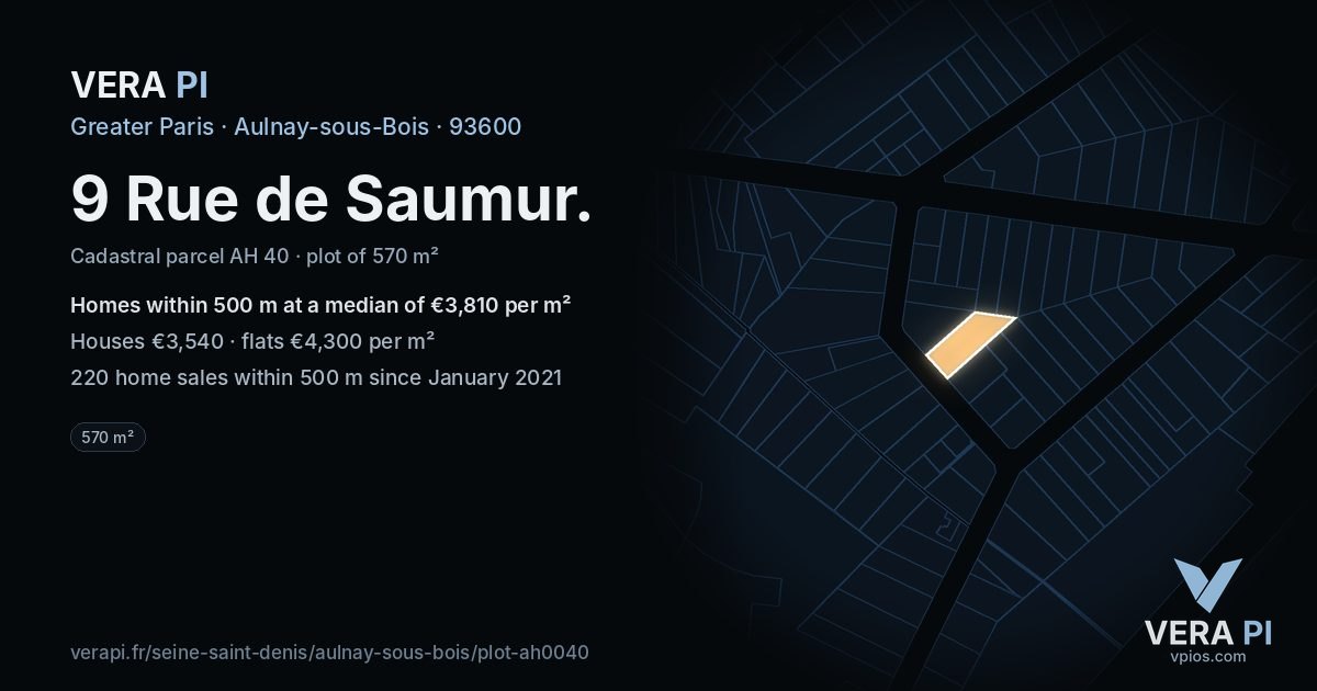 9 Rue de Saumur, Aulnay-sous-Bois at night – the plot lit, the parcels around coloured by the prices near them