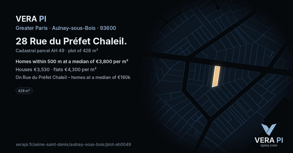 28 Rue du Préfet Chaleil, Aulnay-sous-Bois at night – the plot lit, the parcels around coloured by the prices near them