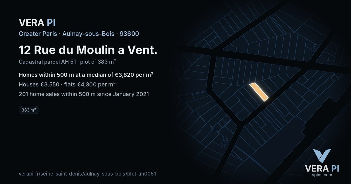 12 Rue du Moulin a Vent, Aulnay-sous-Bois at night – the plot lit, the parcels around coloured by the prices near them