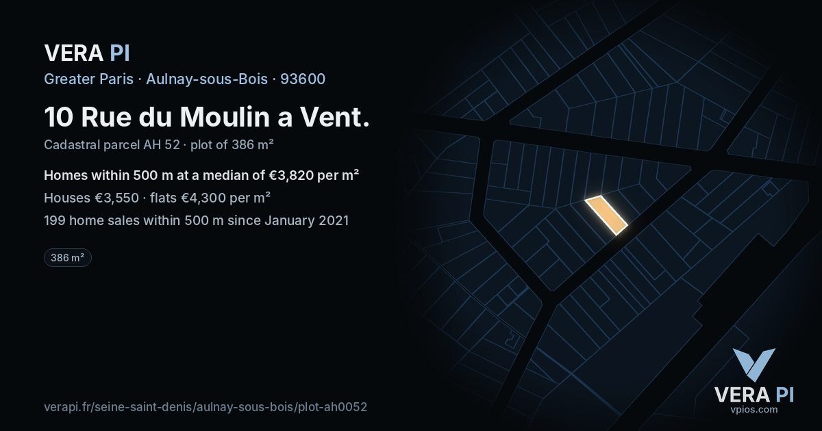 10 Rue du Moulin a Vent, Aulnay-sous-Bois at night – the plot lit, the parcels around coloured by the prices near them