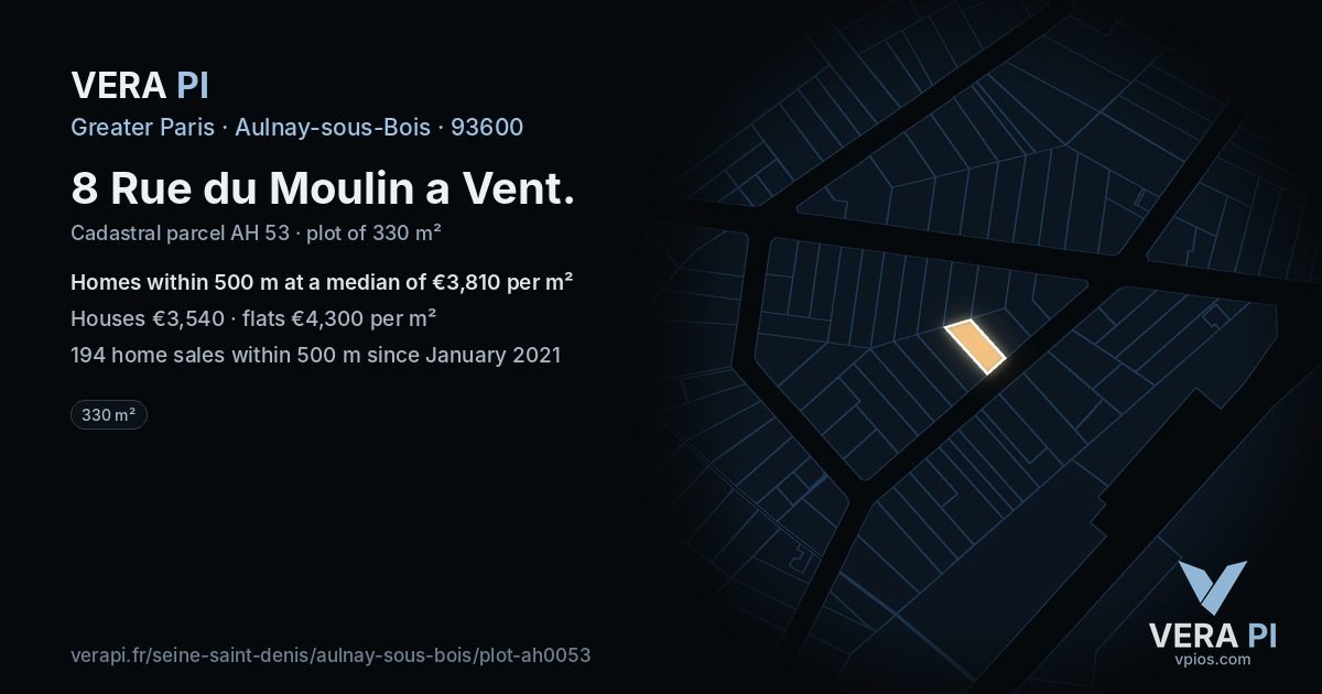 8 Rue du Moulin a Vent, Aulnay-sous-Bois at night – the plot lit, the parcels around coloured by the prices near them