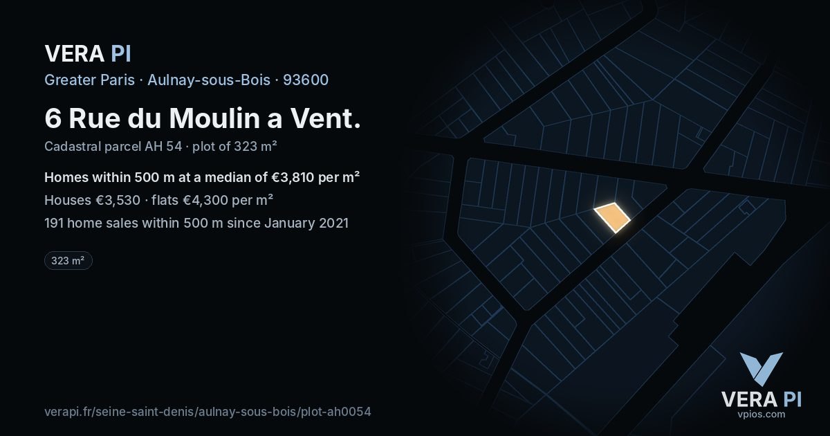 6 Rue du Moulin a Vent, Aulnay-sous-Bois at night – the plot lit, the parcels around coloured by the prices near them