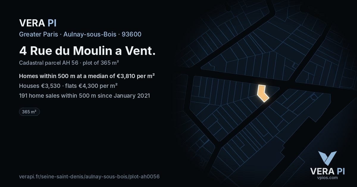 4 Rue du Moulin a Vent, Aulnay-sous-Bois at night – the plot lit, the parcels around coloured by the prices near them