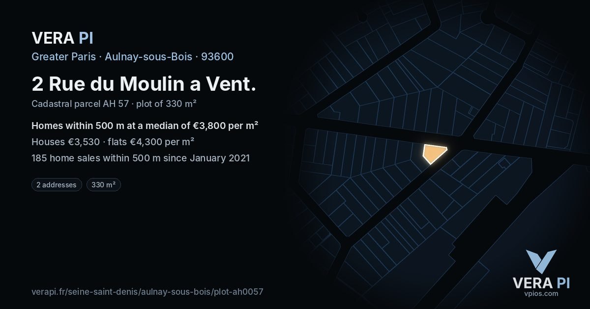 2 Rue du Moulin a Vent, Aulnay-sous-Bois at night – the plot lit, the parcels around coloured by the prices near them