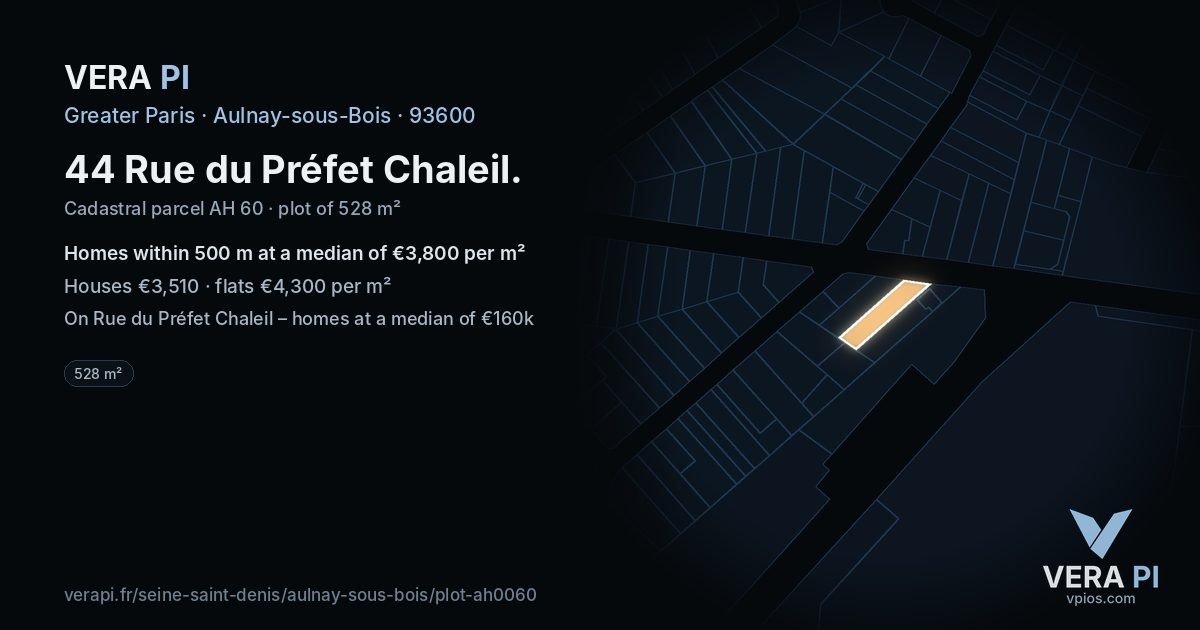 44 Rue du Préfet Chaleil, Aulnay-sous-Bois at night – the plot lit, the parcels around coloured by the prices near them