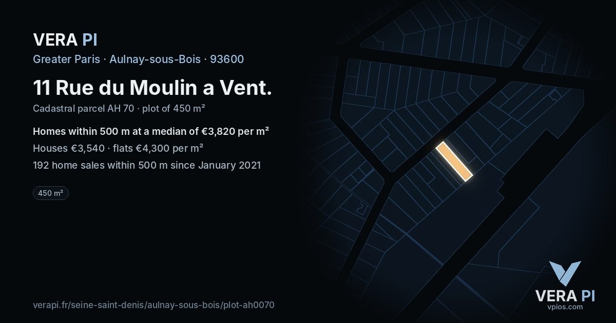 11 Rue du Moulin a Vent, Aulnay-sous-Bois at night – the plot lit, the parcels around coloured by the prices near them