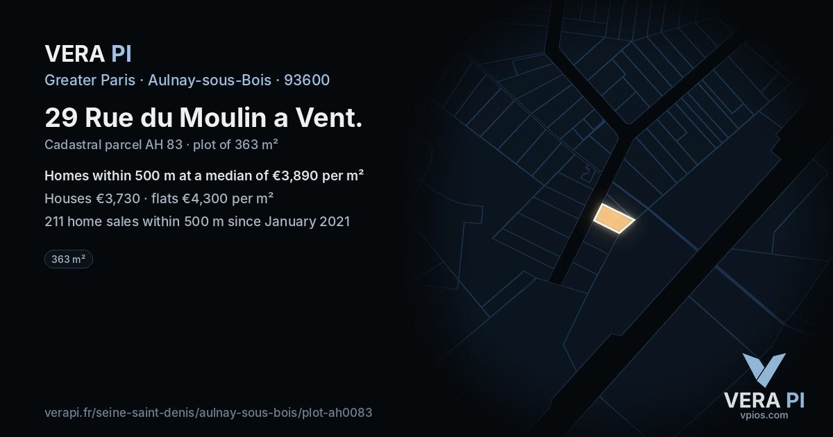 29 Rue du Moulin a Vent, Aulnay-sous-Bois at night – the plot lit, the parcels around coloured by the prices near them