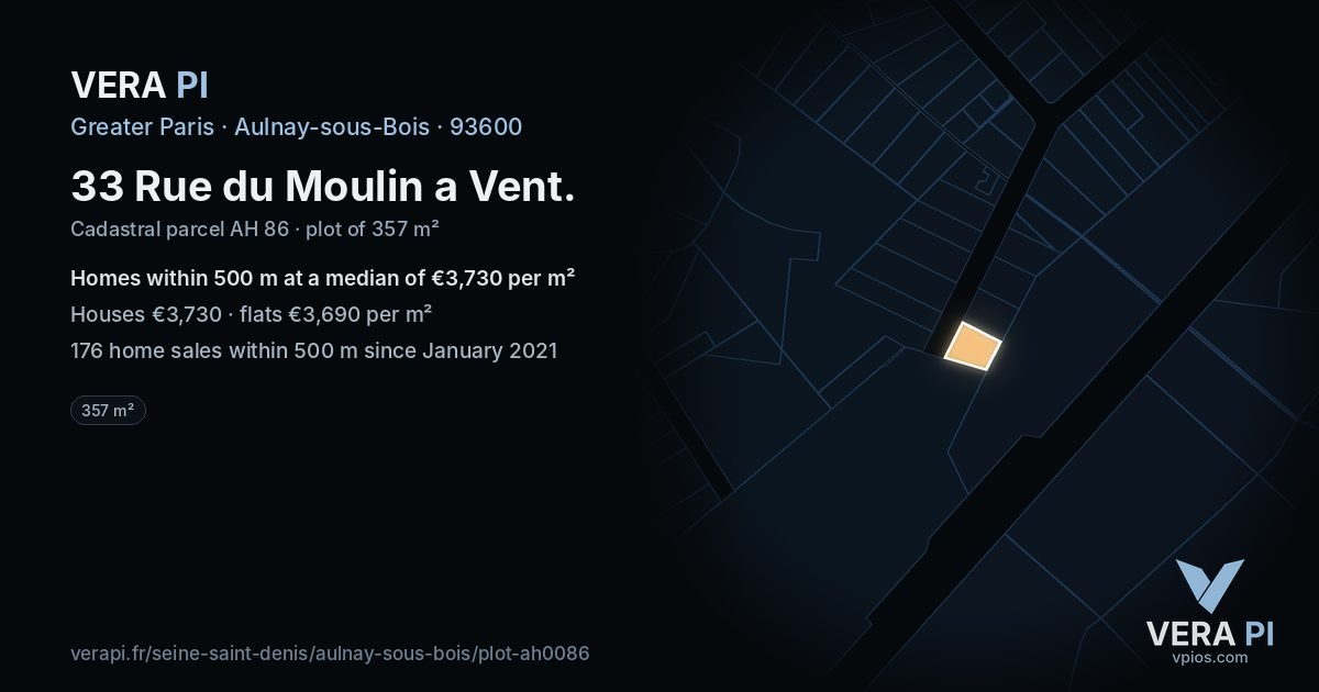 33 Rue du Moulin a Vent, Aulnay-sous-Bois at night – the plot lit, the parcels around coloured by the prices near them