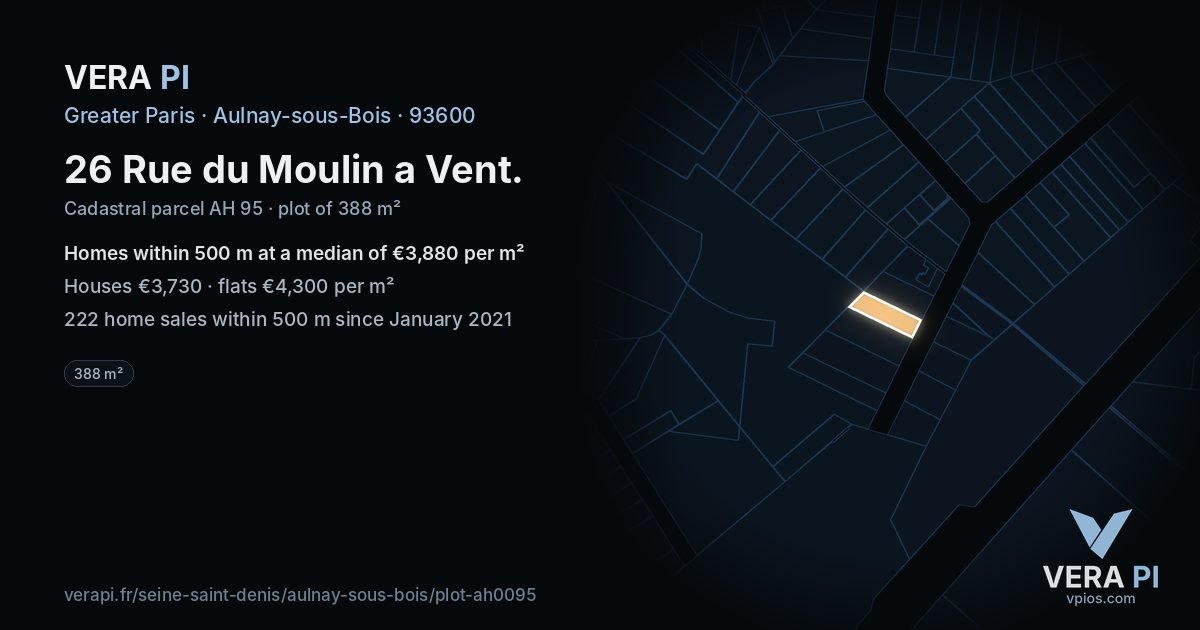 26 Rue du Moulin a Vent, Aulnay-sous-Bois at night – the plot lit, the parcels around coloured by the prices near them