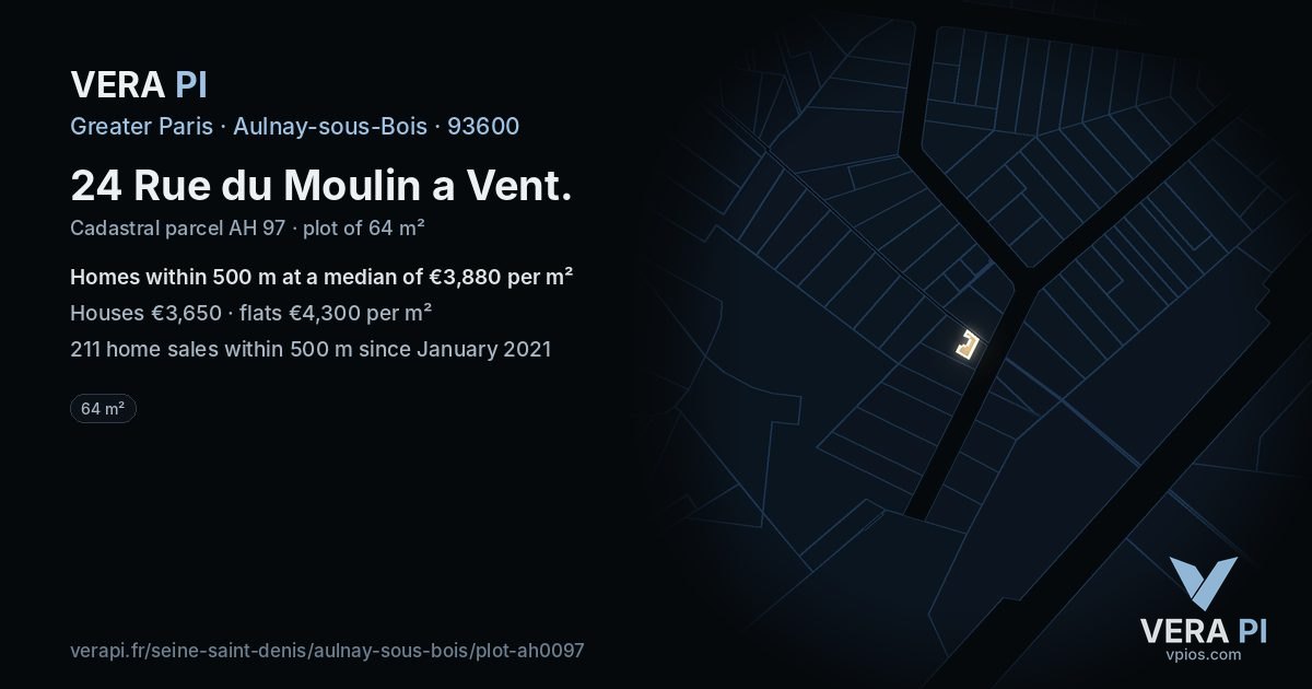 24 Rue du Moulin a Vent, Aulnay-sous-Bois at night – the plot lit, the parcels around coloured by the prices near them
