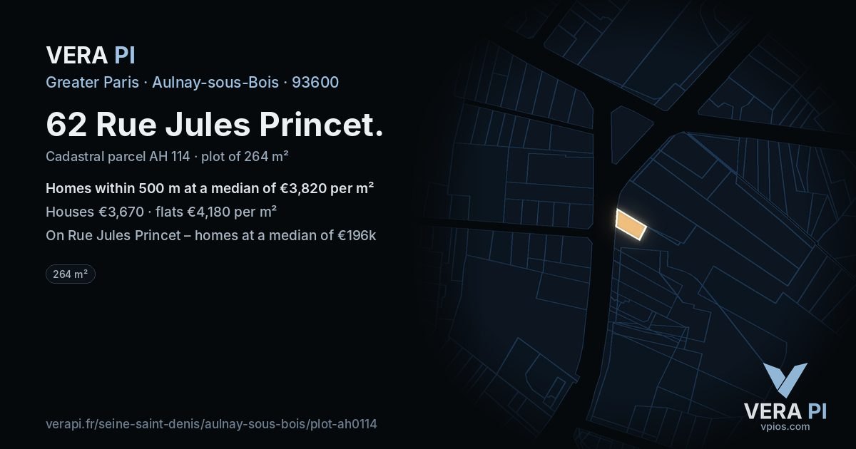 62 Rue Jules Princet, Aulnay-sous-Bois at night – the plot lit, the parcels around coloured by the prices near them