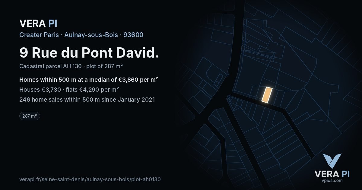 9 Rue du Pont David, Aulnay-sous-Bois at night – the plot lit, the parcels around coloured by the prices near them