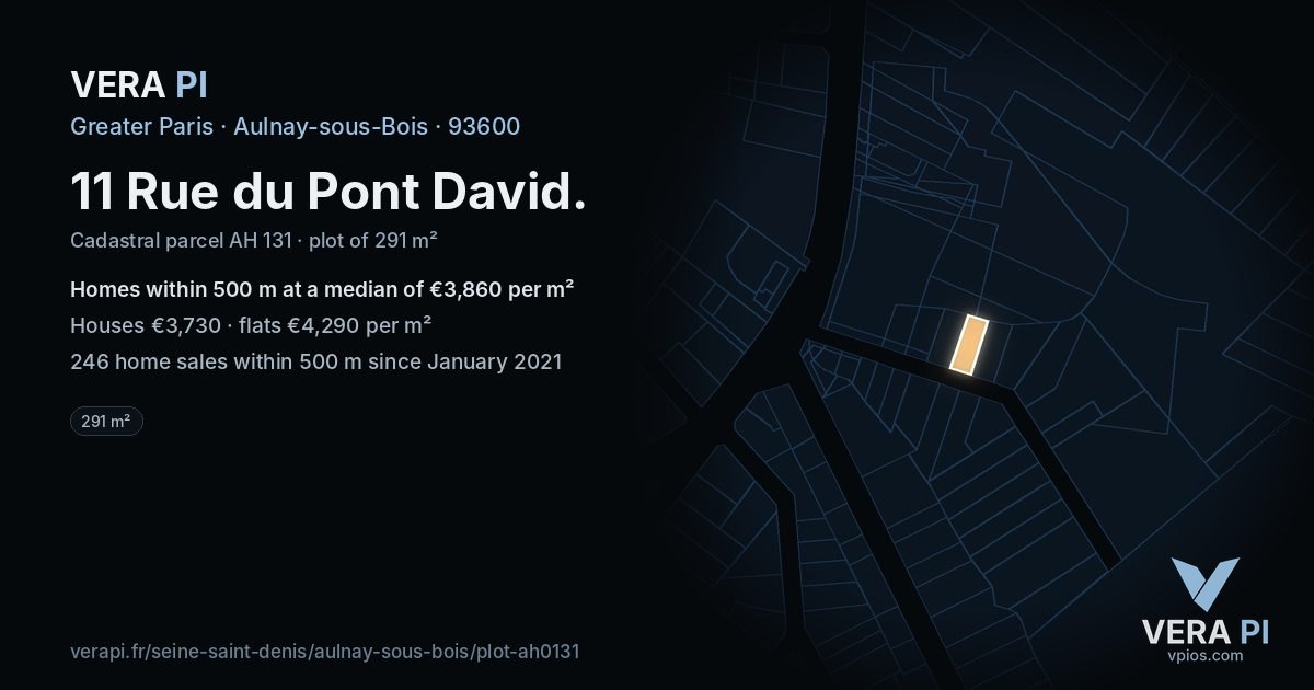11 Rue du Pont David, Aulnay-sous-Bois at night – the plot lit, the parcels around coloured by the prices near them