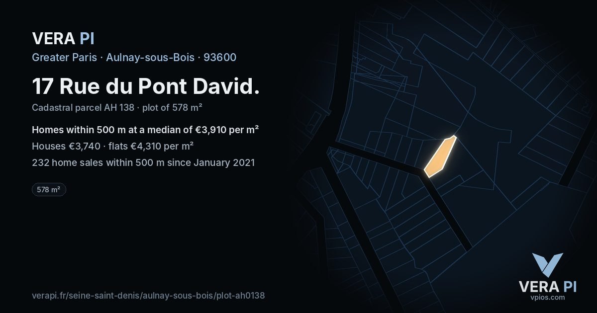 17 Rue du Pont David, Aulnay-sous-Bois at night – the plot lit, the parcels around coloured by the prices near them