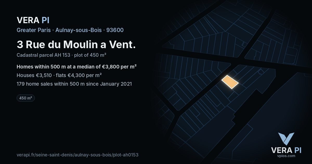 3 Rue du Moulin a Vent, Aulnay-sous-Bois at night – the plot lit, the parcels around coloured by the prices near them