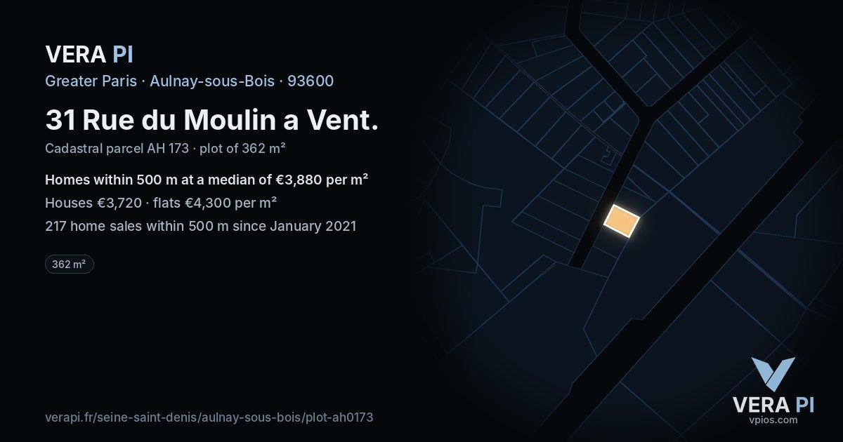 31 Rue du Moulin a Vent, Aulnay-sous-Bois at night – the plot lit, the parcels around coloured by the prices near them