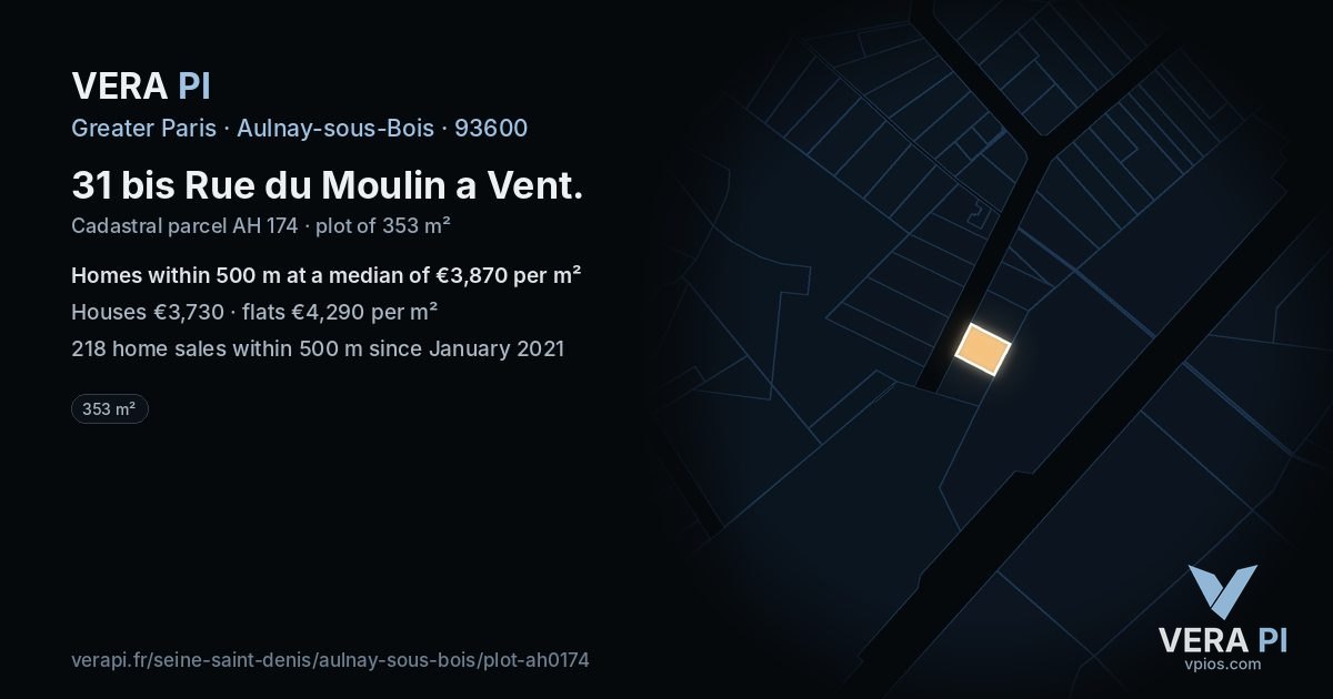 31 bis Rue du Moulin a Vent, Aulnay-sous-Bois at night – the plot lit, the parcels around coloured by the prices near them