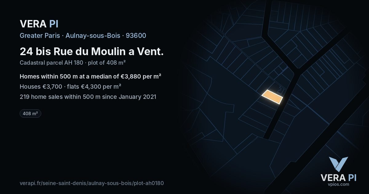24 bis Rue du Moulin a Vent, Aulnay-sous-Bois at night – the plot lit, the parcels around coloured by the prices near them