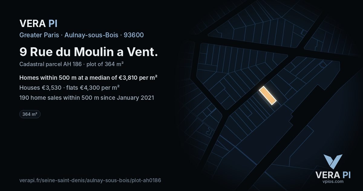 9 Rue du Moulin a Vent, Aulnay-sous-Bois at night – the plot lit, the parcels around coloured by the prices near them