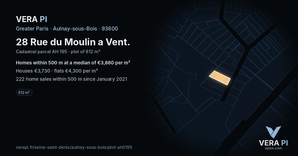 28 Rue du Moulin a Vent, Aulnay-sous-Bois at night – the plot lit, the parcels around coloured by the prices near them