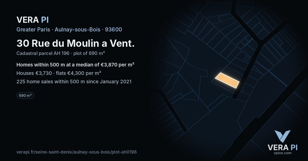30 Rue du Moulin a Vent, Aulnay-sous-Bois at night – the plot lit, the parcels around coloured by the prices near them