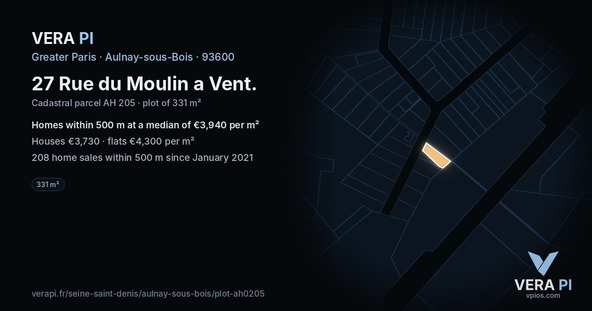 27 Rue du Moulin a Vent, Aulnay-sous-Bois at night – the plot lit, the parcels around coloured by the prices near them