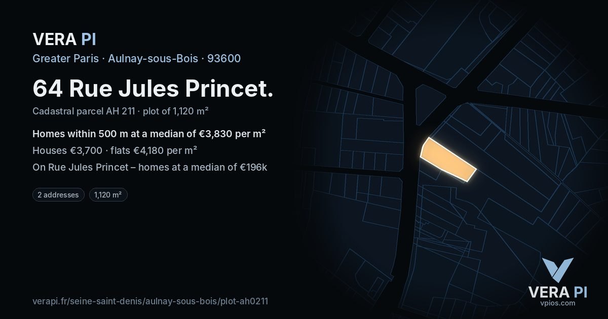 64 Rue Jules Princet, Aulnay-sous-Bois at night – the plot lit, the parcels around coloured by the prices near them